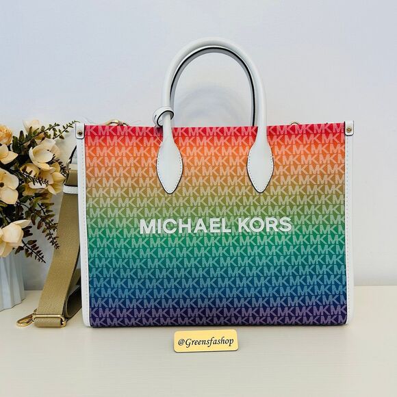 Michael Kors Purse Mirella Medium Ombré Logo Tote Bag Rainbow - Picture 1 of 9